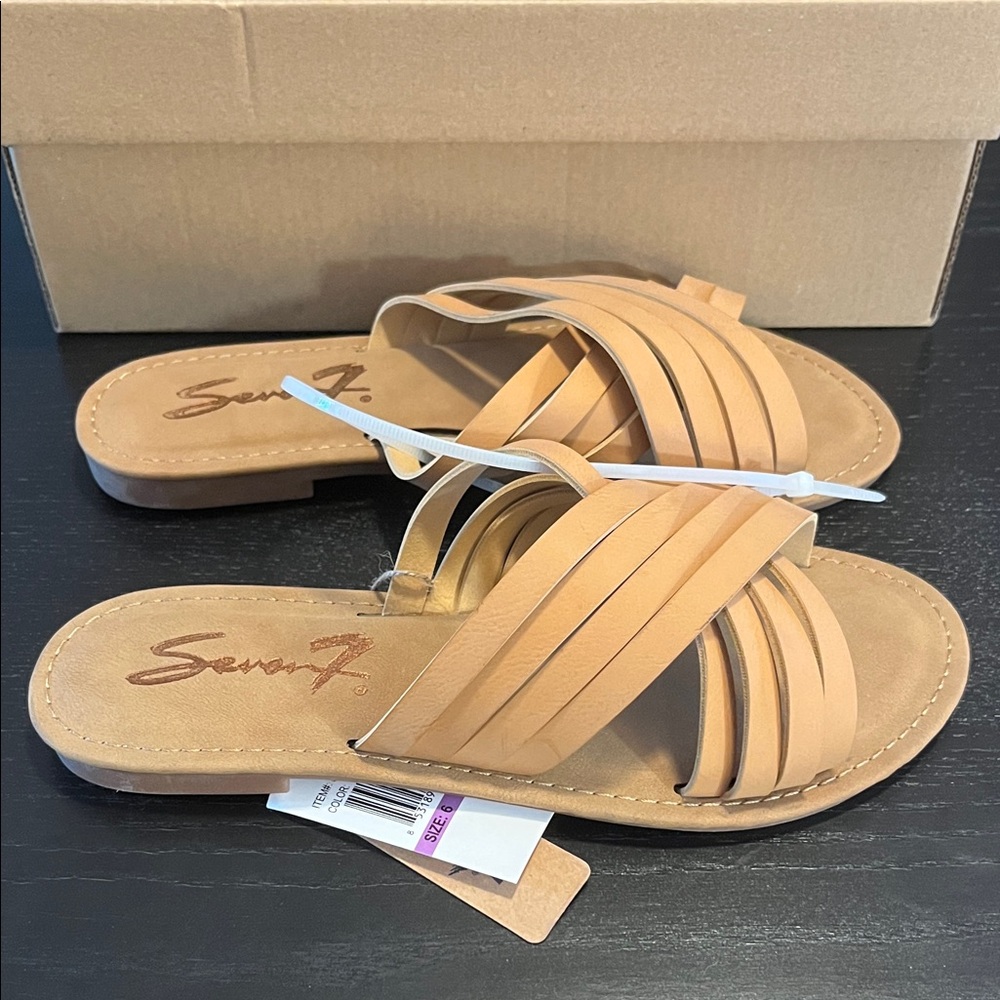 Seven7 Tan Strappy Slide Sandals for Women